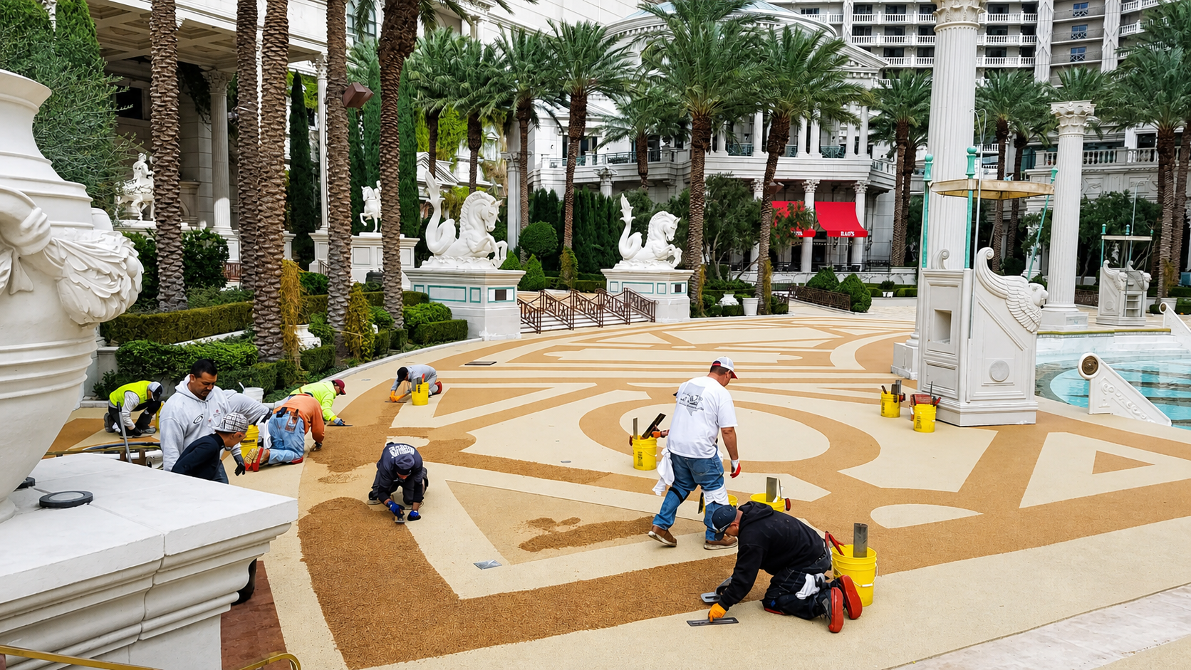 Rubcorp team installing decorative rubber surfacing at Caesars Palace