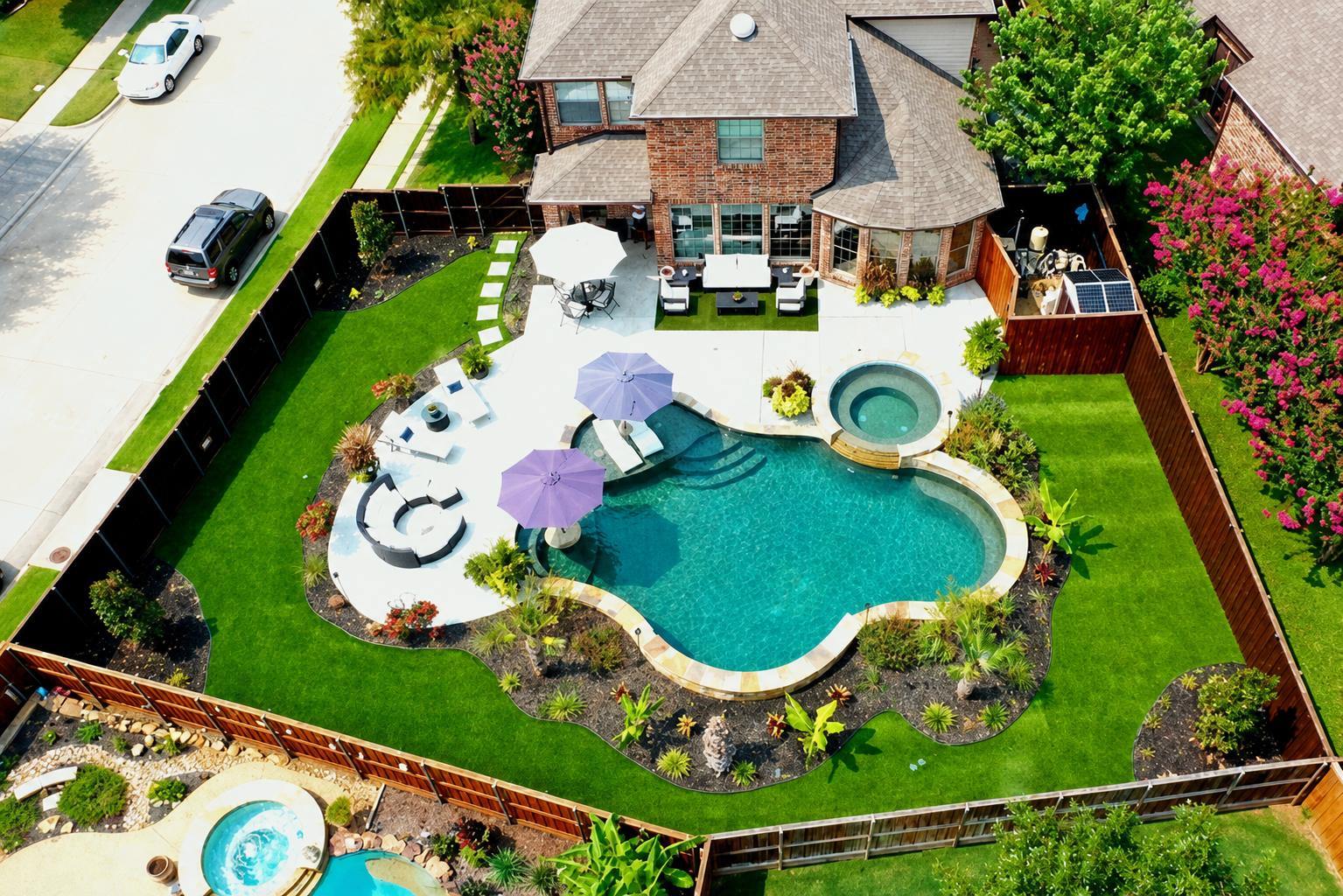 Aerial view of freeform pool with purple umbrellas and turf