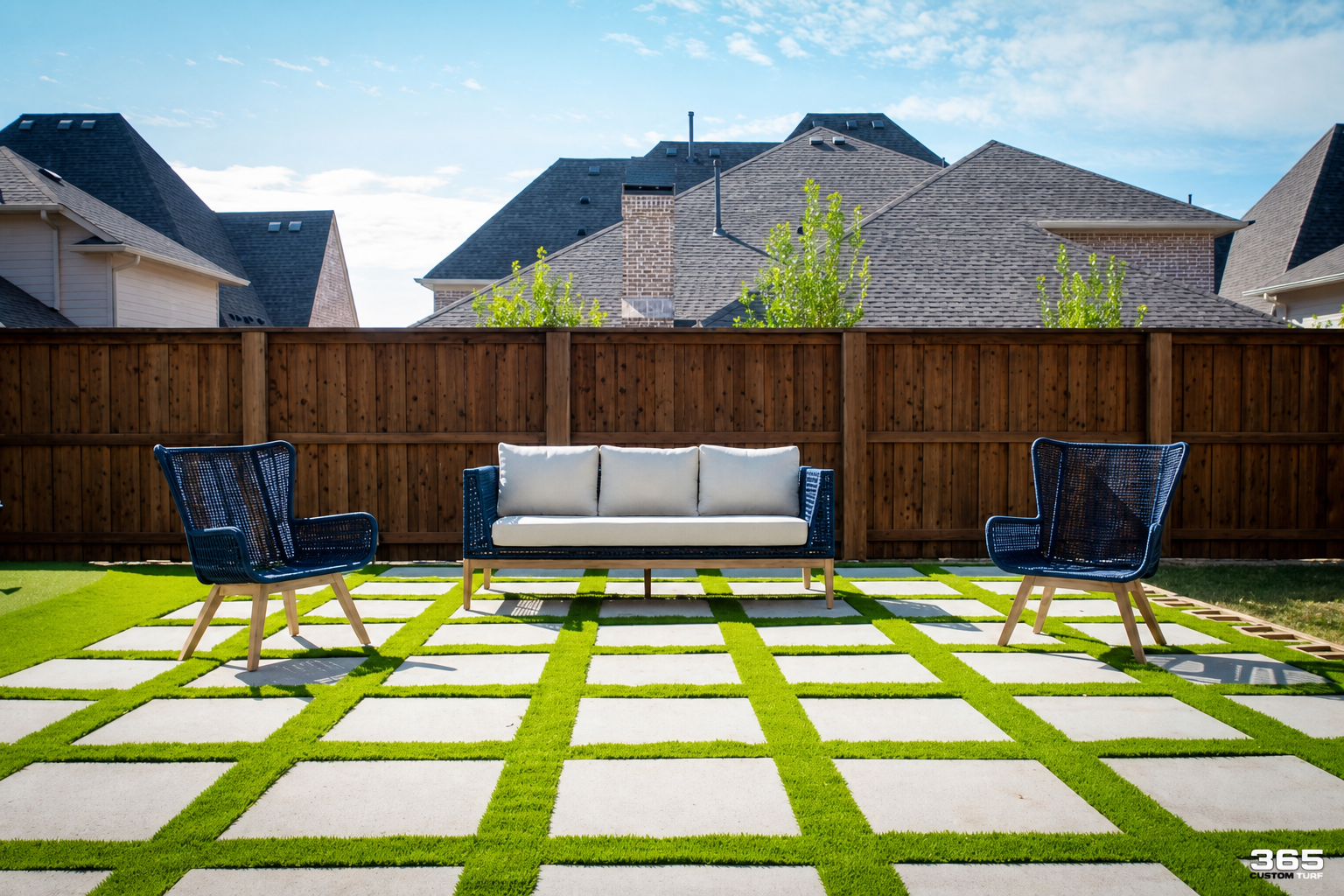 Turf installation with hardscape and landscaping