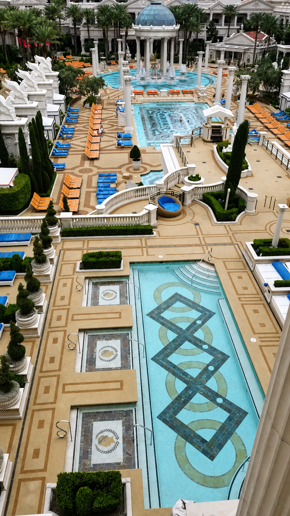 Caesars Palace lap pool with geometric mosaic deck