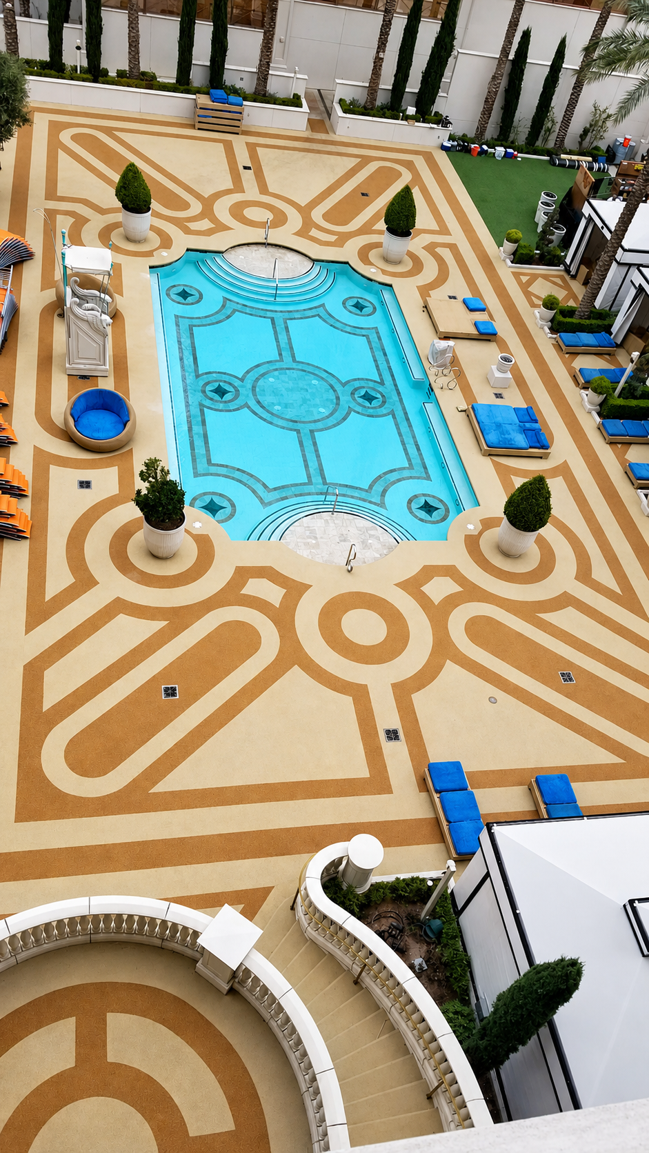 Caesars Palace pool aerial with ornate geometric deck