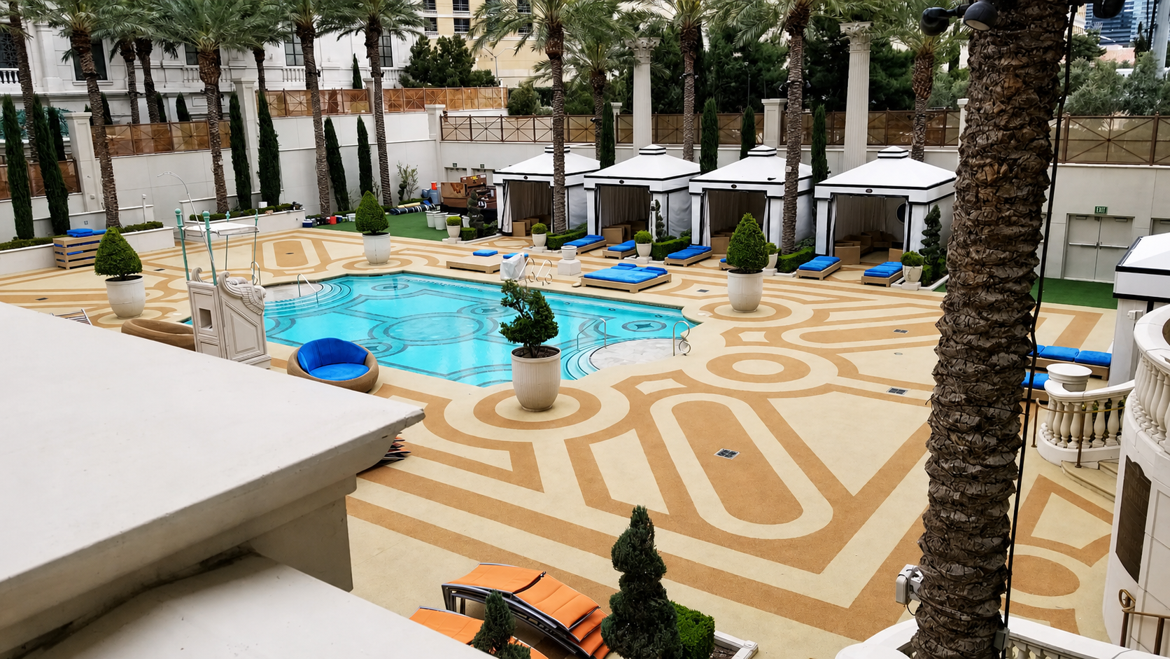 Caesars Palace pool deck with cabanas and geometric surfacing