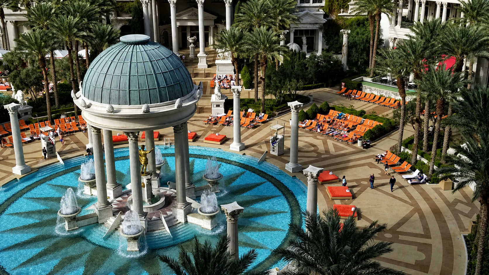 Caesars Palace pool with Roman temple dome and fountains