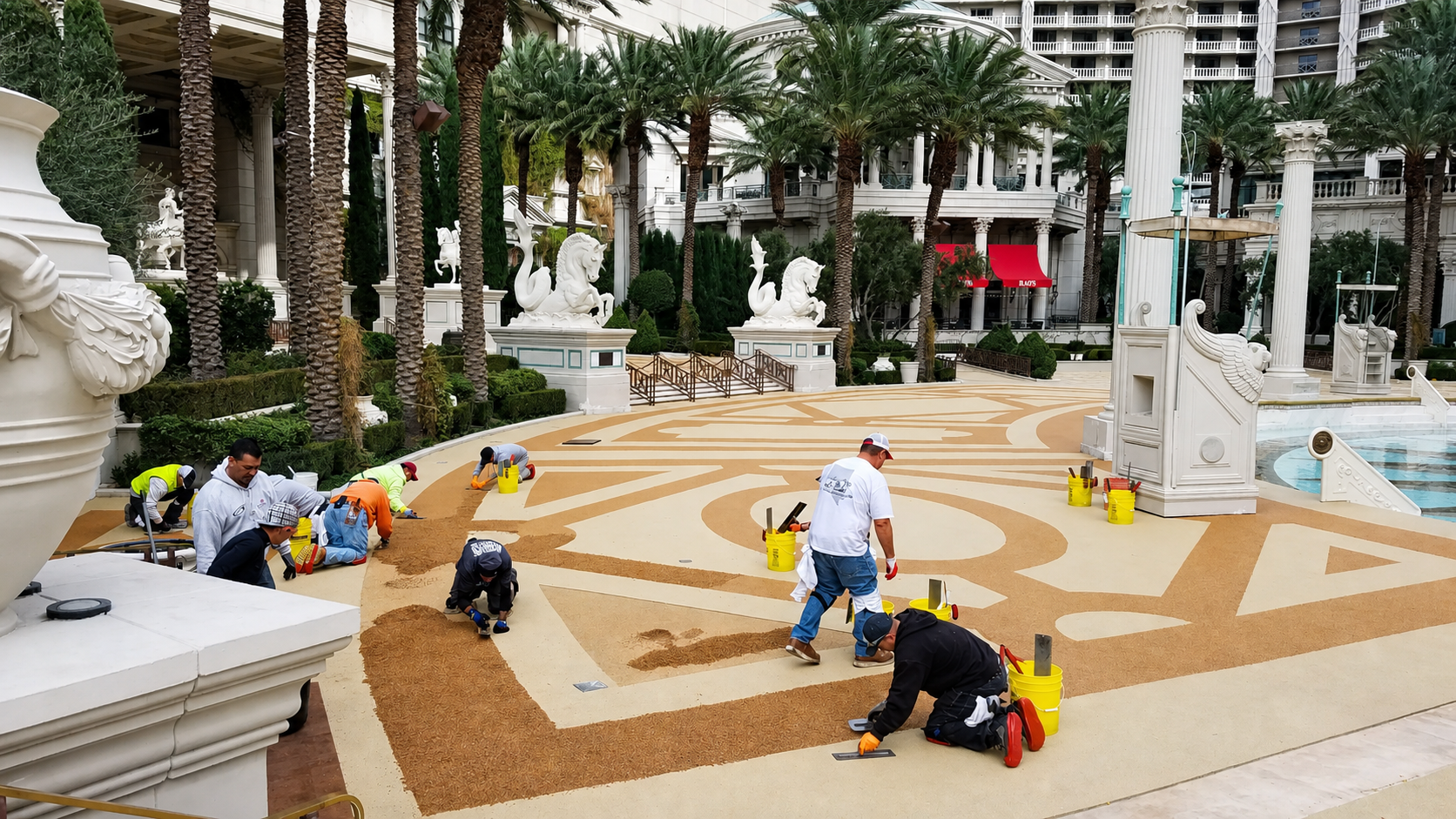 Crew installing decorative pool deck surfacing at Caesars Palace