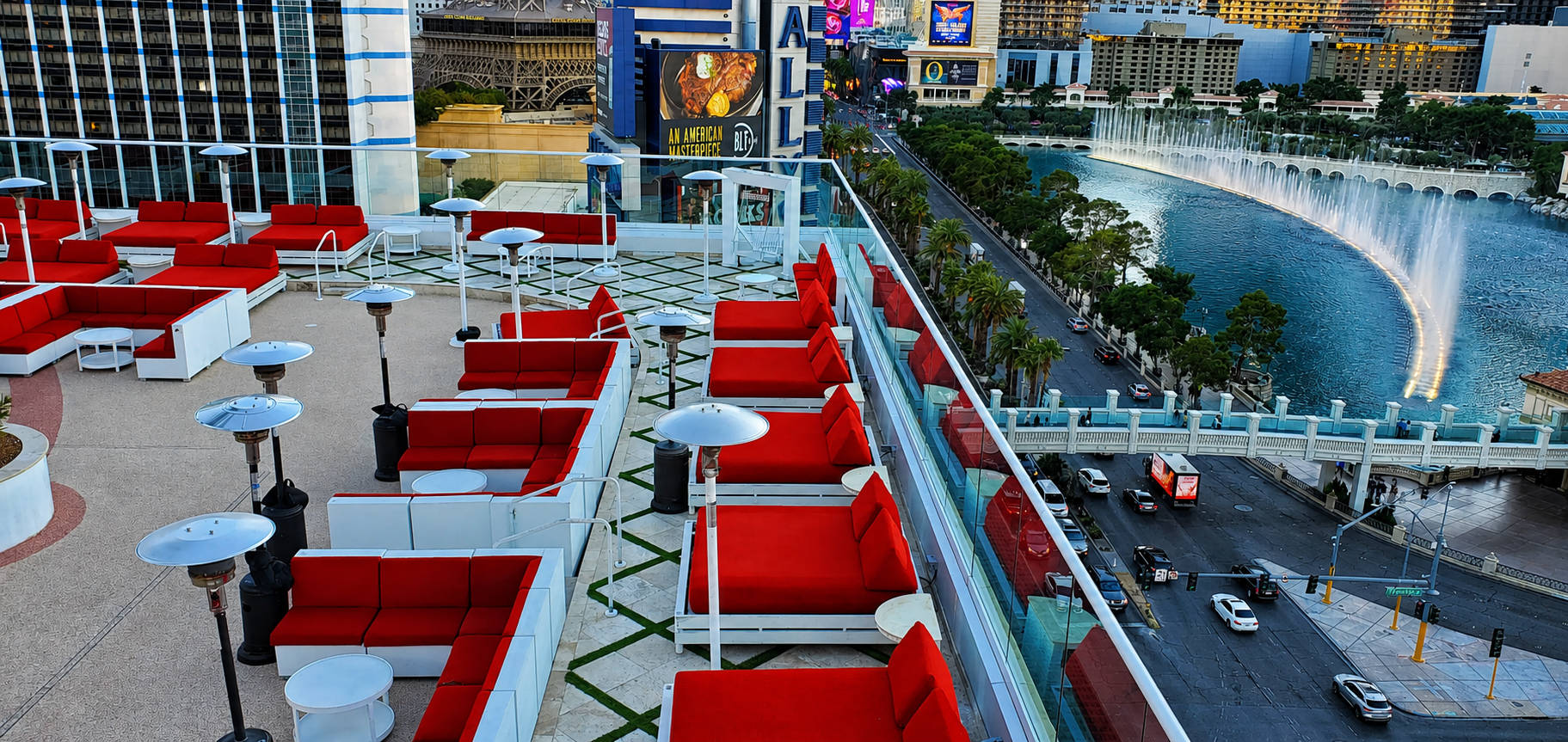 Drais Beachclub rooftop overlooking Las Vegas Strip and Bellagio fountains
