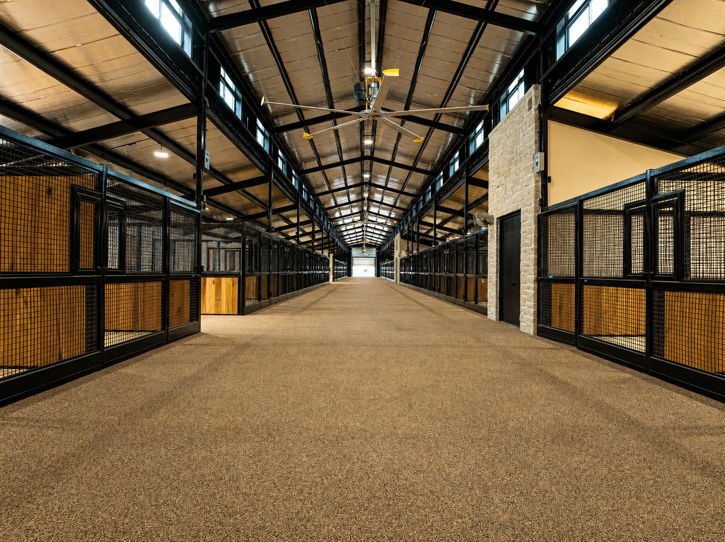 Horse ranch aerial view with barn and paddocks