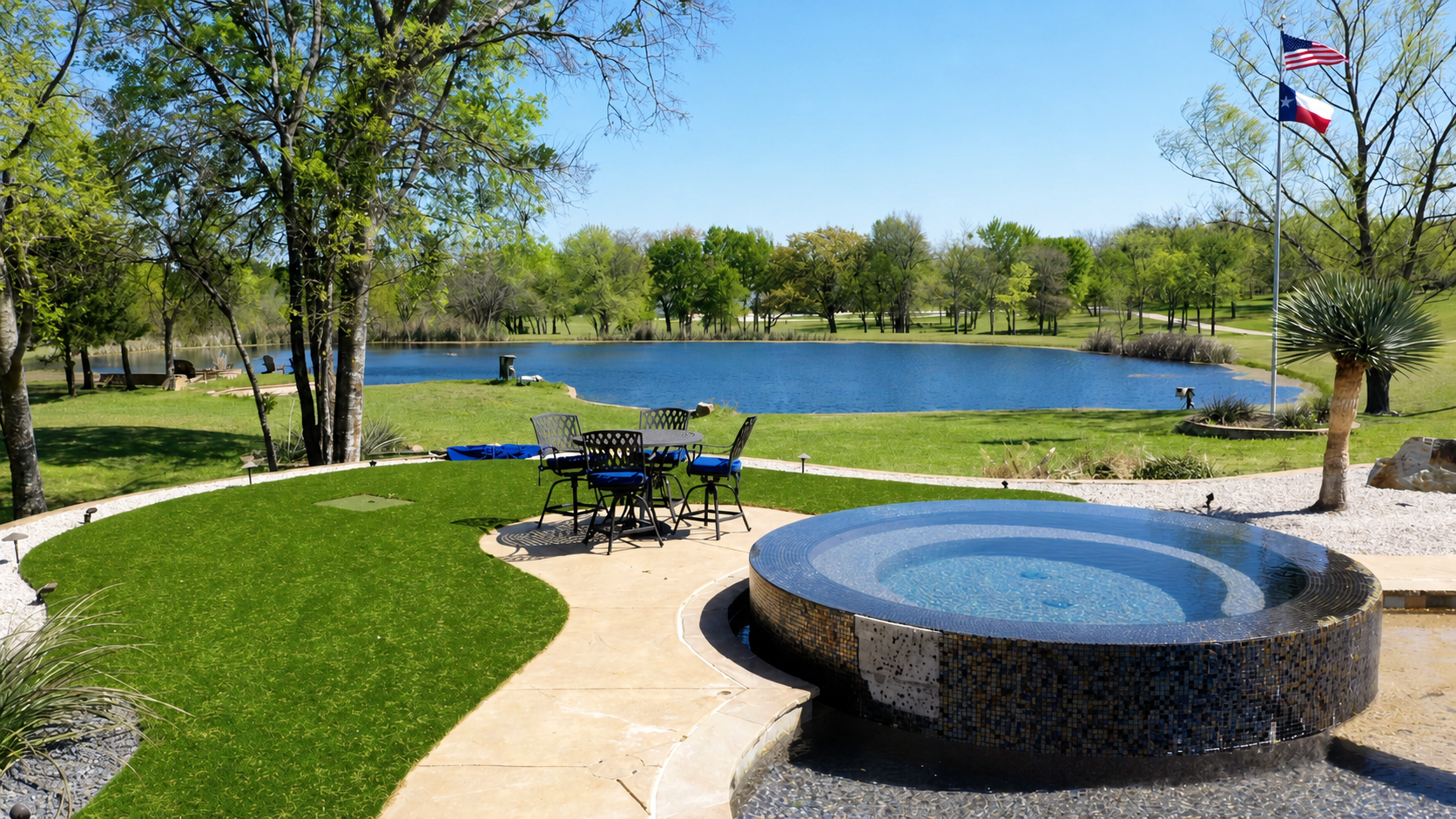 Lakeside patio with hot tub and turf