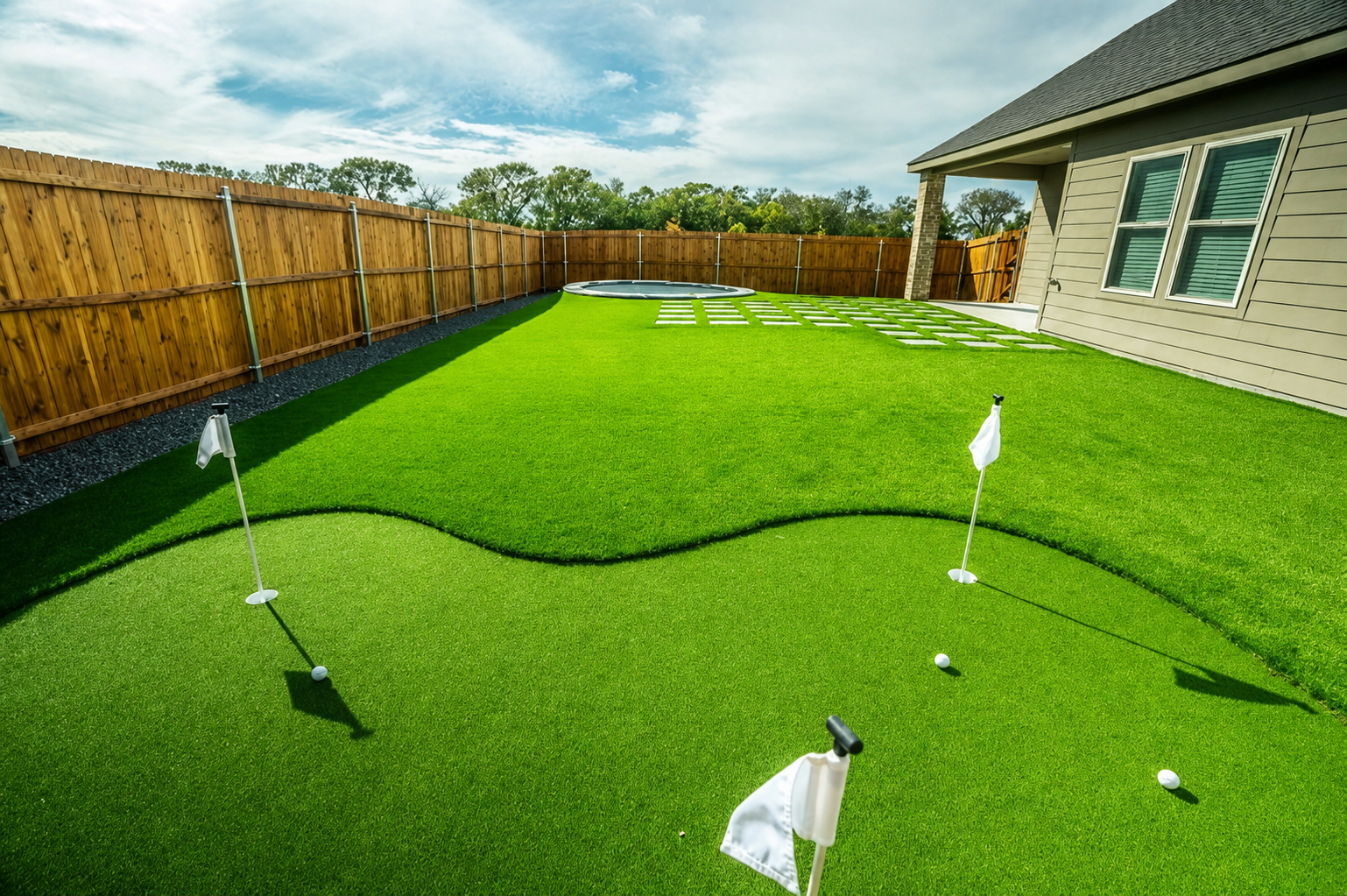 Backyard putting green with trampoline