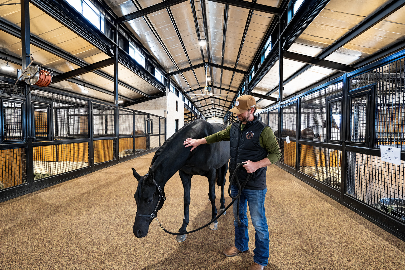 Man petting horse in barn aisle
