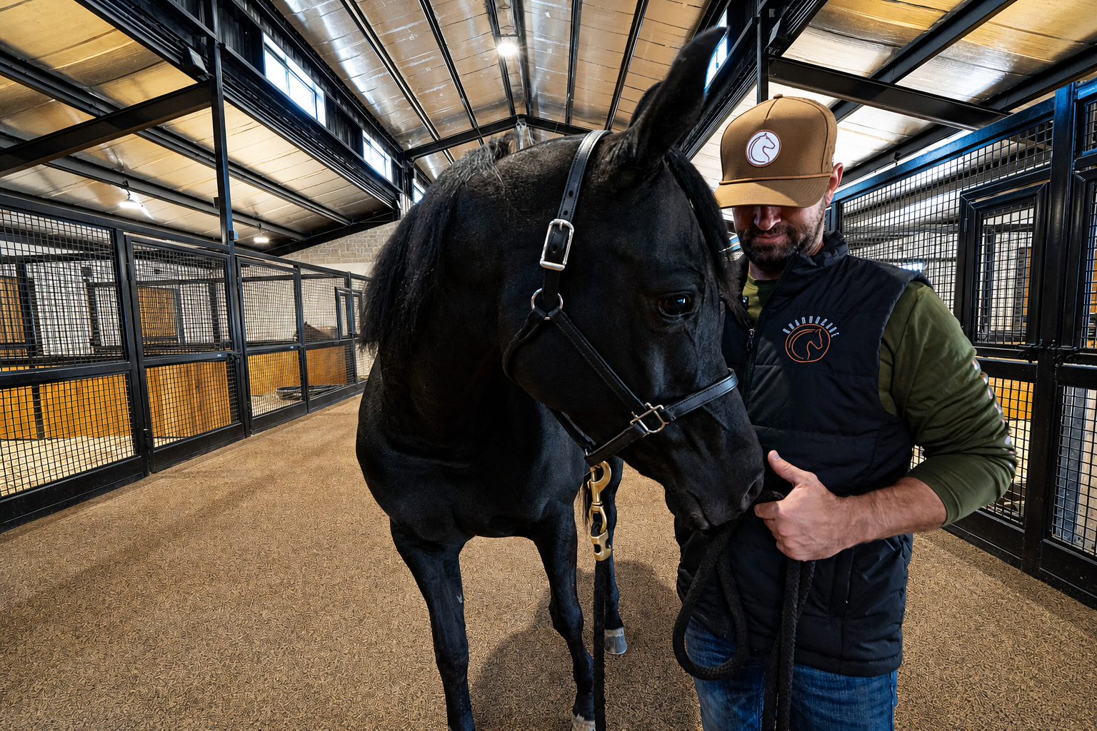 Man with horse in barn